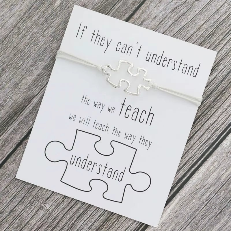 1X Puzzle Charm Bracelet for Women Men Autism Awareness Gift Wish Love Card Adjustable Bracelet Friendship Mom Jewelry