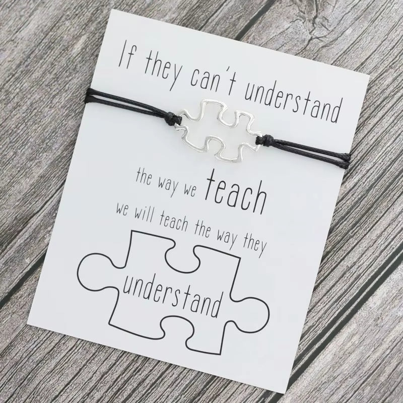 1X Puzzle Charm Bracelet for Women Men Autism Awareness Gift Wish Love Card Adjustable Bracelet Friendship Mom Jewelry