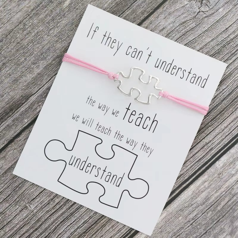 1X Puzzle Charm Bracelet for Women Men Autism Awareness Gift Wish Love Card Adjustable Bracelet Friendship Mom Jewelry