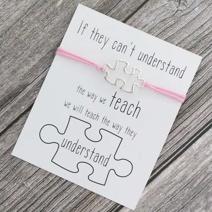 1X Puzzle Charm Bracelet for Women Men Autism Awareness Gift Wish Love Card Adjustable Bracelet Friendship Mom Jewelry