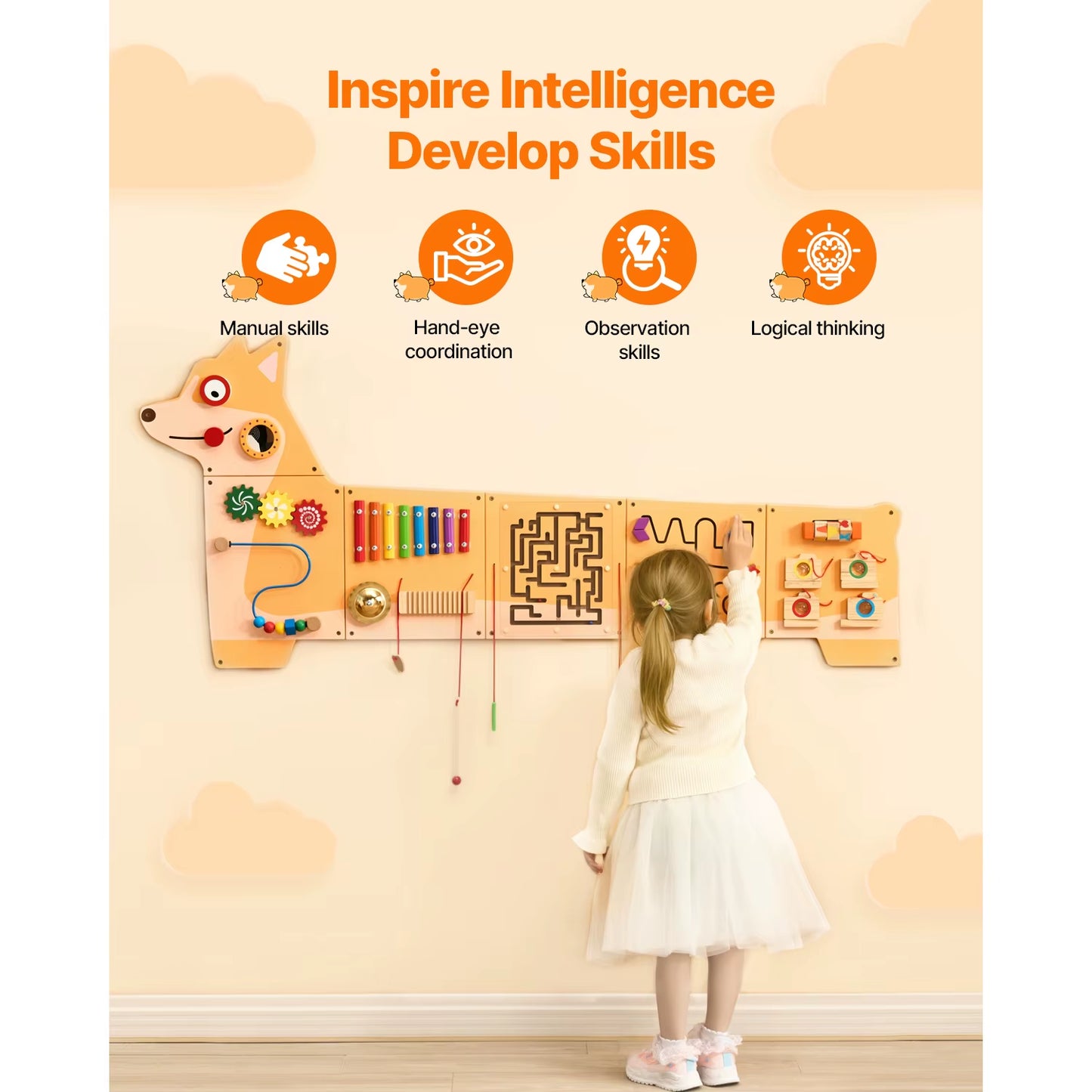 Puppy Kids Wall Busy Panels 12 Activities Board Montessori Sensory Learning Activity Center for Children Playroom Toys