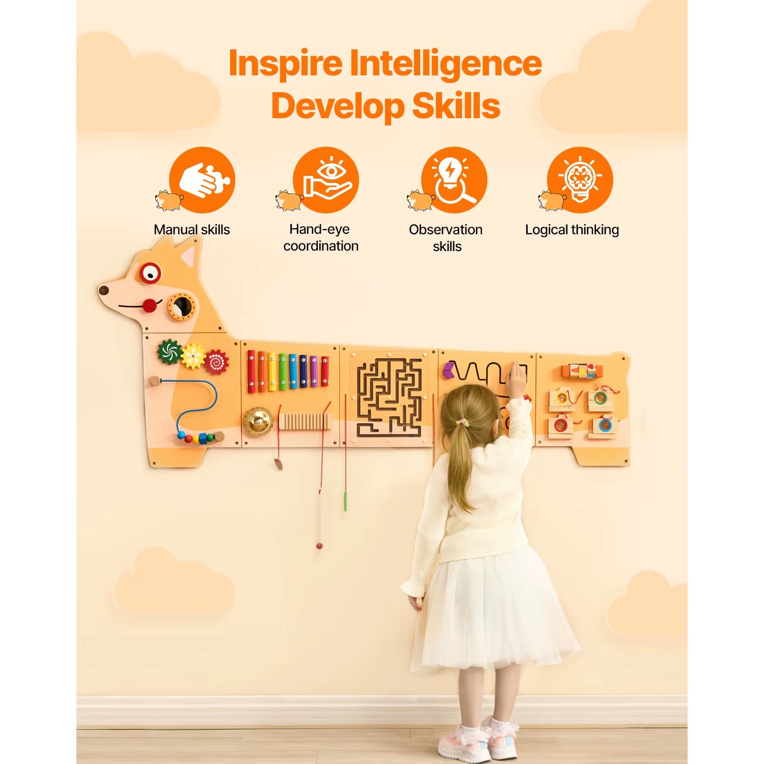 Puppy Kids Wall Busy Panels 12 Activities Board Montessori Sensory Learning Activity Center for Children Playroom Toys