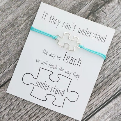 1X Puzzle Charm Bracelet for Women Men Autism Awareness Gift Wish Love Card Adjustable Bracelet Friendship Mom Jewelry