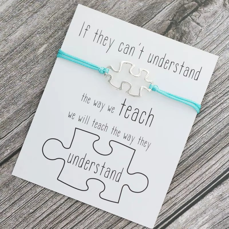 1X Puzzle Charm Bracelet for Women Men Autism Awareness Gift Wish Love Card Adjustable Bracelet Friendship Mom Jewelry