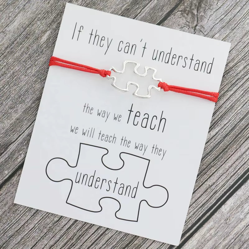 1X Puzzle Charm Bracelet for Women Men Autism Awareness Gift Wish Love Card Adjustable Bracelet Friendship Mom Jewelry