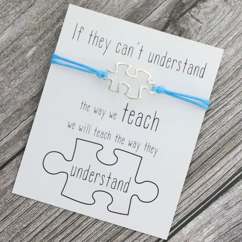 1X Puzzle Charm Bracelet for Women Men Autism Awareness Gift Wish Love Card Adjustable Bracelet Friendship Mom Jewelry