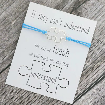 1X Puzzle Charm Bracelet for Women Men Autism Awareness Gift Wish Love Card Adjustable Bracelet Friendship Mom Jewelry