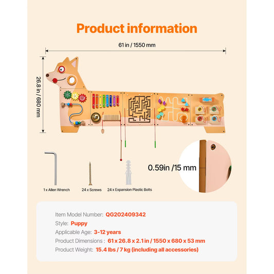 Puppy Kids Wall Busy Panels 12 Activities Board Montessori Sensory Learning Activity Center for Children Playroom Toys