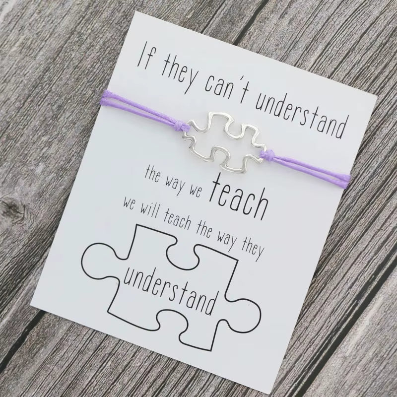 1X Puzzle Charm Bracelet for Women Men Autism Awareness Gift Wish Love Card Adjustable Bracelet Friendship Mom Jewelry