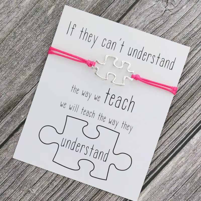 1X Puzzle Charm Bracelet for Women Men Autism Awareness Gift Wish Love Card Adjustable Bracelet Friendship Mom Jewelry