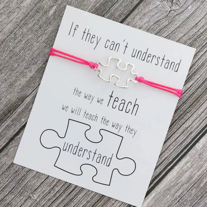 1X Puzzle Charm Bracelet for Women Men Autism Awareness Gift Wish Love Card Adjustable Bracelet Friendship Mom Jewelry