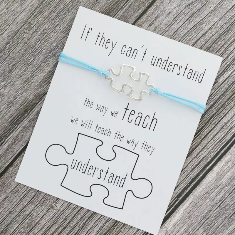 1X Puzzle Charm Bracelet for Women Men Autism Awareness Gift Wish Love Card Adjustable Bracelet Friendship Mom Jewelry